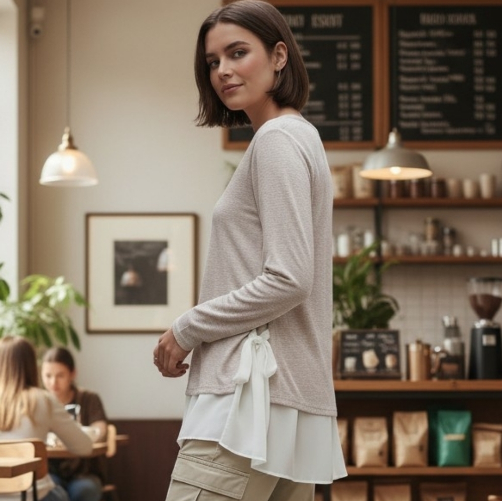 Pebble And Stone Layered Knit Chiffon Side Tie Top - Size Small